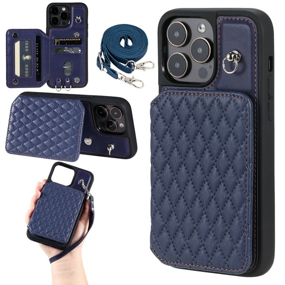 Case for iPhone 13 Pro 6.1", Detachable Crossbody Strap Wallet Case with Card Slots, Stand Ring Flip PU Leather Protective Cover Lanyard for Women for iPhone 13 Pro, Darkblue