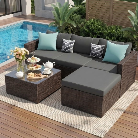 UDPATIO 5-Piece Patio Furniture Set,Outdoor Patio Furniture Set All-Weather Rattan Wicker Patio Conversation Set with Ottoman, Cushions & Glass Table for Garden & Backyard, Gray