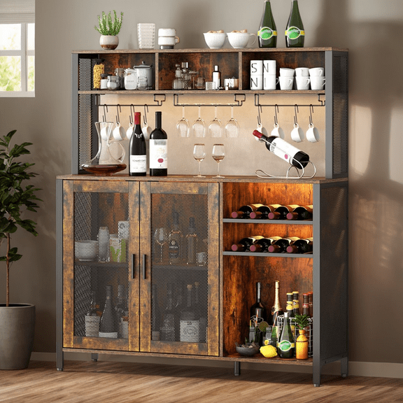 Rustic Brown Industrial Wine Bar Cabinet with LED Lights, Wine Rack, Glass Holder