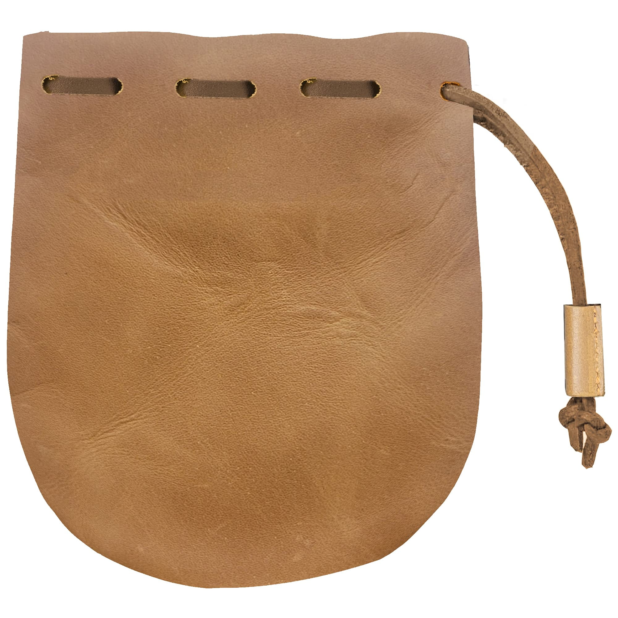 Leather Round Drawstring Pouch - Small Tech, Makeup, Jewelry Holder, MicroSuede Lining - Camel - Personalized Gifts, Leatherology