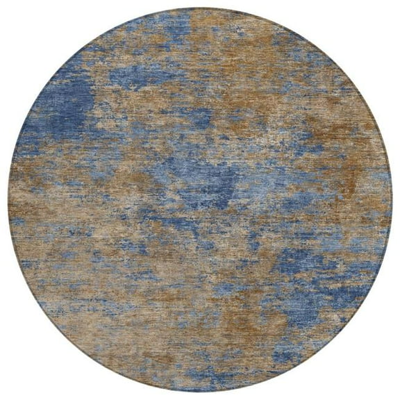 HomeRoots 603595 8 ft. Navy Blue & Brown Round Abstract Washable Indoor & Outdoor Area Rug