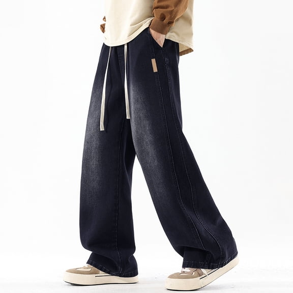 Mens Jeans Relaxed Fit Straight Leg Stretch Denim Pants Casual Solid Comfort Street Outdoor Hiking Pants with Pocket Black L