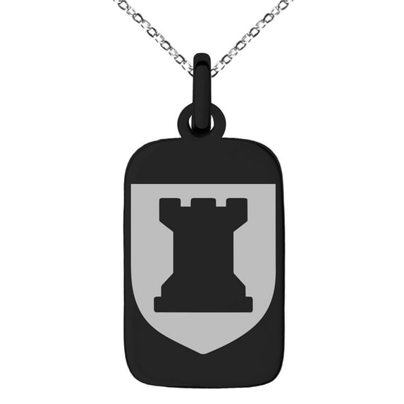 Stainless Steel Rook Strategy Coat of Arms Shield Engraved Small Rectangle Dog Tag Charm Pendant Necklace