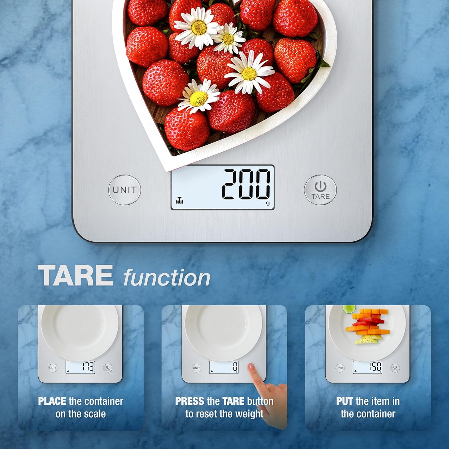 Bisonbody Digital Food Kitchen Scale with Smart App â Large Kitchen Scale with 201 Stainless Steel Surface 5 Unit Conversions â Digital Kitchen Scale App to Track Nutritional Information