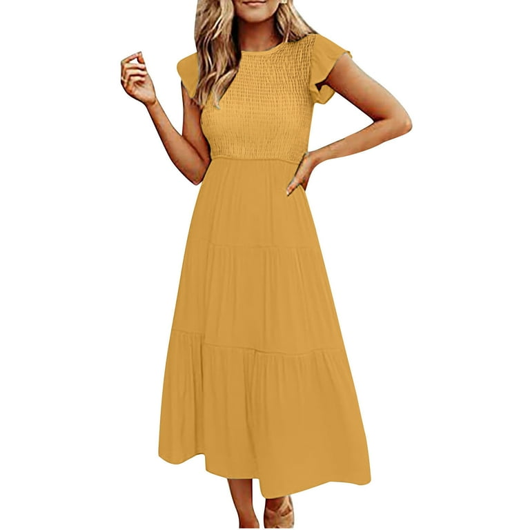 Homenesgenics Summer Dresses 2025 Women's Fashion Casual Round-Neck Short  Sleeve Solid Color High Waist Dress Yellow S