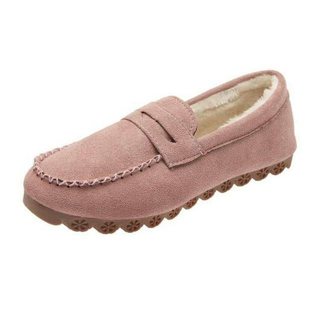 Mocassins Décontractés Roses pour Femmes Style Hiver Semelle Plate Chauds pour Porter à l'Intérieur