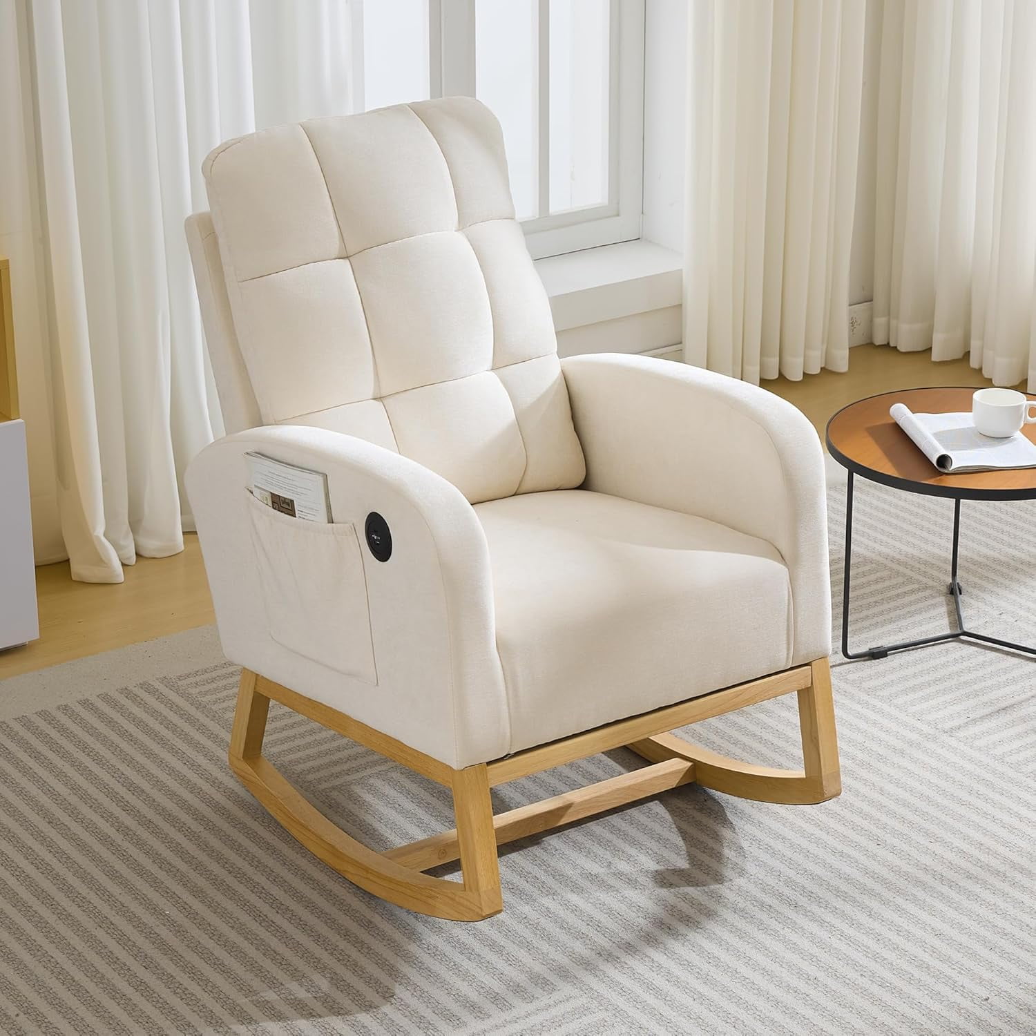 Mid-Century Nursery Rocking Chair w/Optional Footrest & USB, High Back Glider, Teddy/Linen Beige