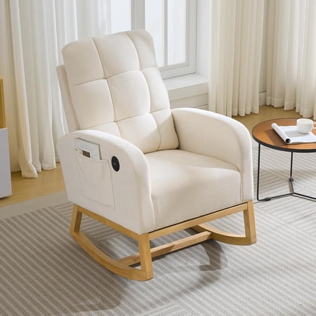 1 Glider Rocking Chair Linen Upholstered Ergonomic High Back 300 LBS Capacity Beige for Living Room Nursery
