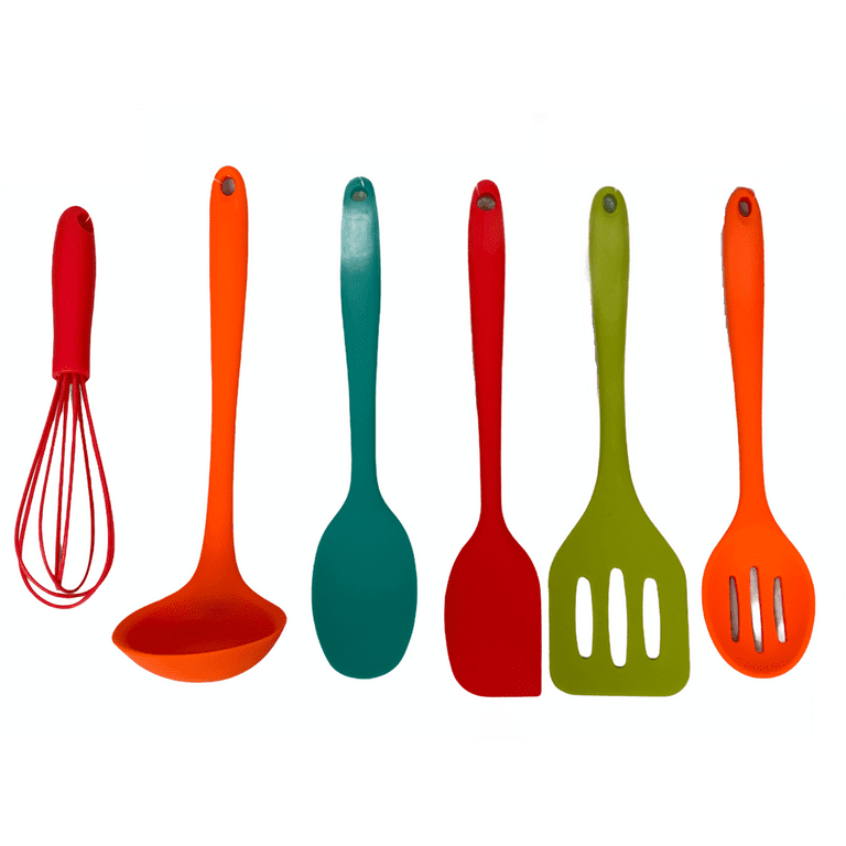 Gourmet Silicone Cooking Tool Sets Egg Beater Spoon Spatula Utensils 6 Pieces Basic Kitchen Set, Red