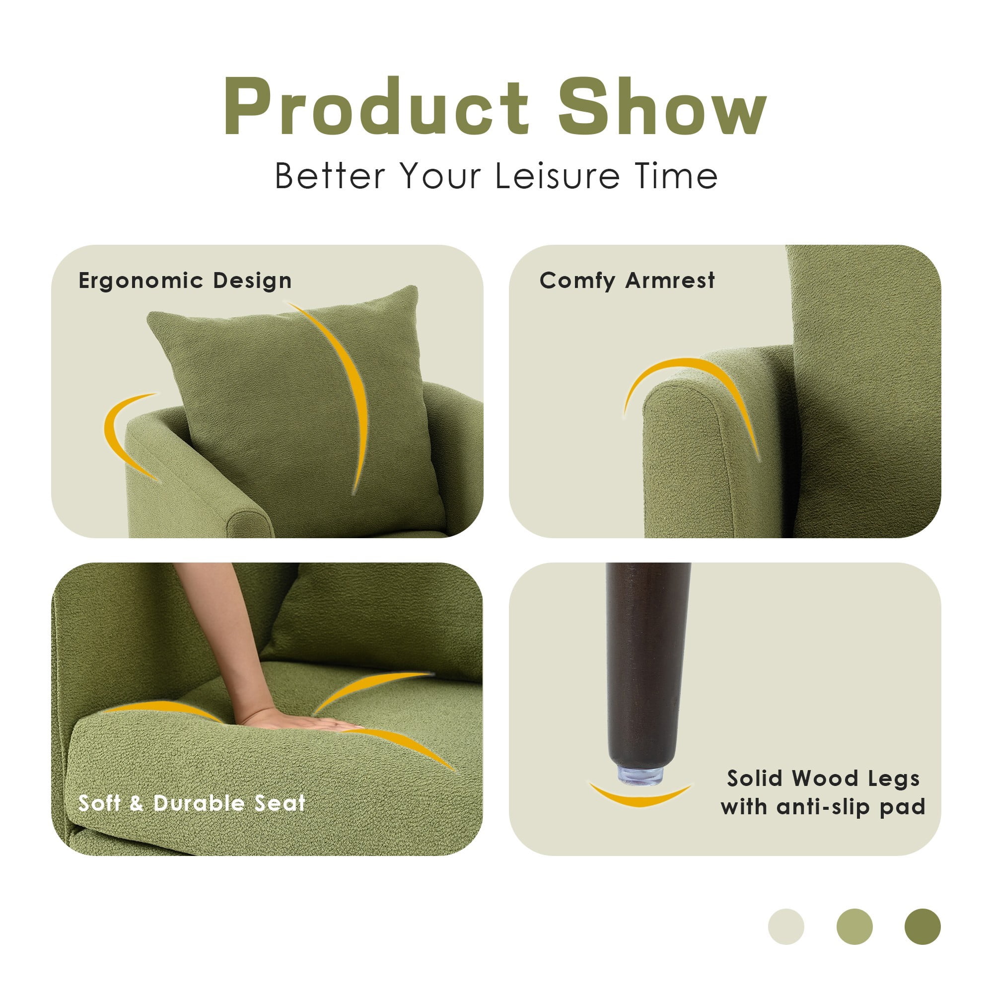 Accent Chair,Fabric Armchair Club Chair Single Chair Upholstered Arm Chair with Solid Wood Legs for Living Room/Bedroom,Olive Green