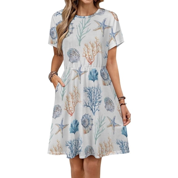 Nautical Ocean Starfish Shell Conch Summer Dress Summer Street Style Dresses Female Short Sleeve Printed Sundress