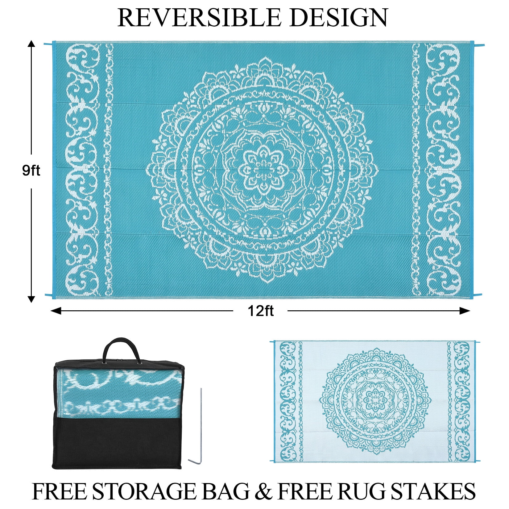 GlowSol 9x12 Outdoor Rug Waterproof Carpet Patio Rug Indoor Outdoor Area Rug Reversible Rug for Picnic Beach Deck-Outdoor, Light Blue/White