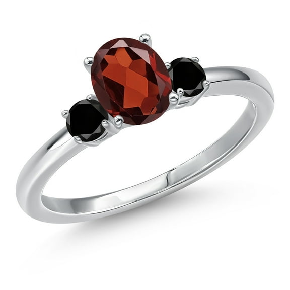 Gem Stone King 14K White Gold Red Garnet and Black Diamond Engagement Ring for Women | 1.07 Cttw | Oval 7X5MM | Gemstone January Birthstone | Size 9