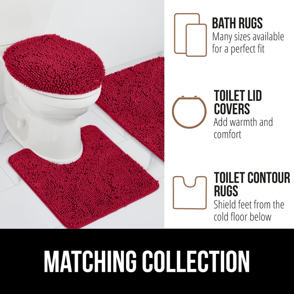 GORILLA GRIP Chenille Bath Rug 30x20, Rubber Backing Quick Dry Washable Microfiber Mats, Red