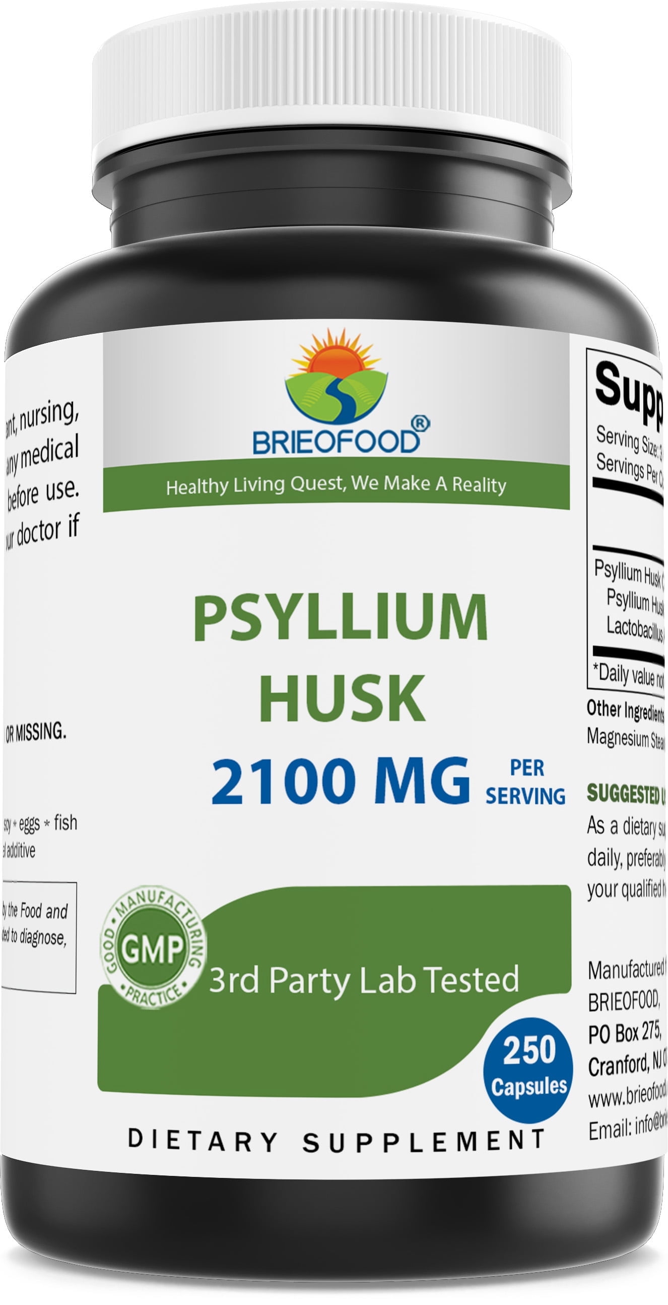 Brieofood Psyllium Husk Fiber Supplement, 250 Capsules, 2100mg