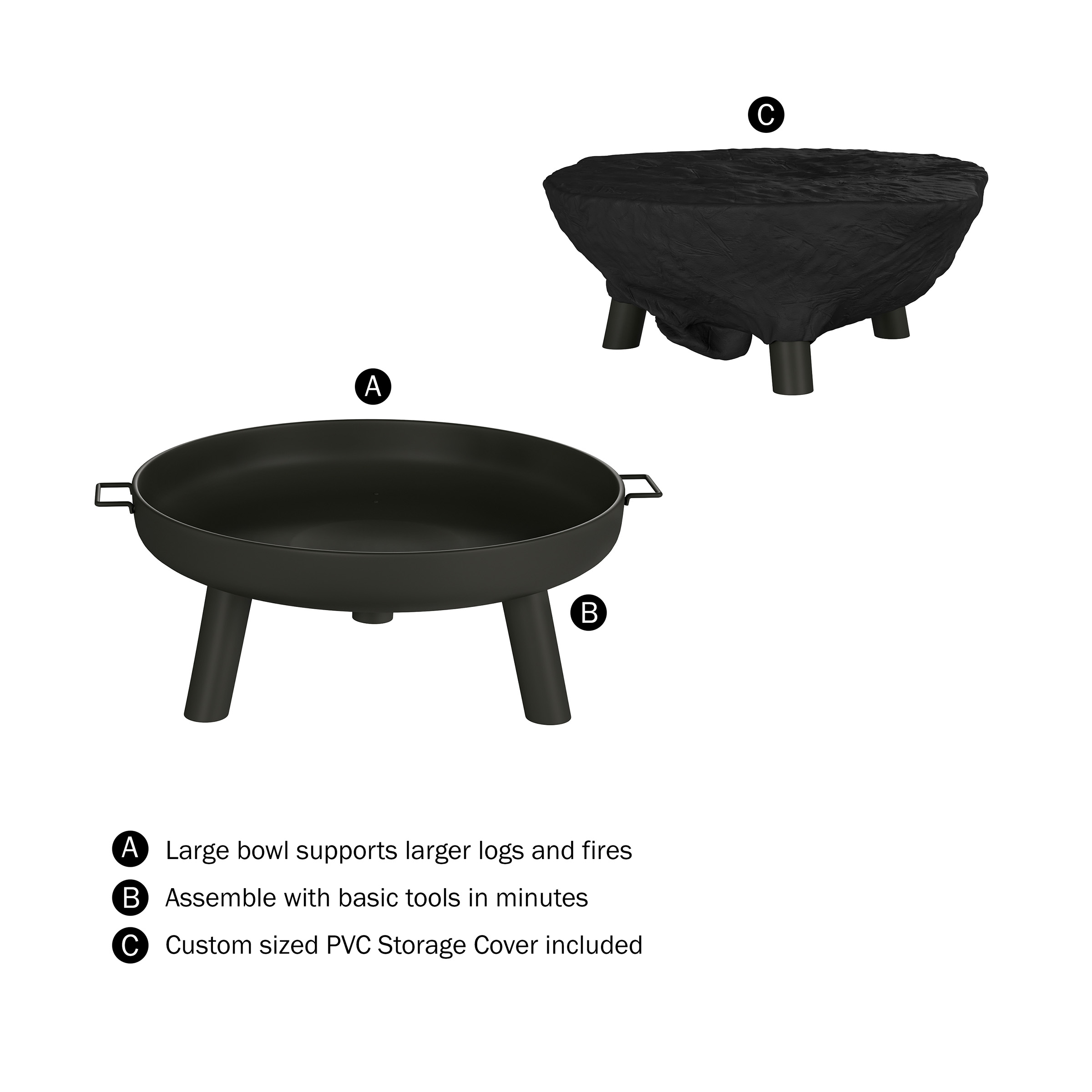 Pure Garden 27.5-Inch Outdoor Wood Burning Fire Pit with Handles (Black)