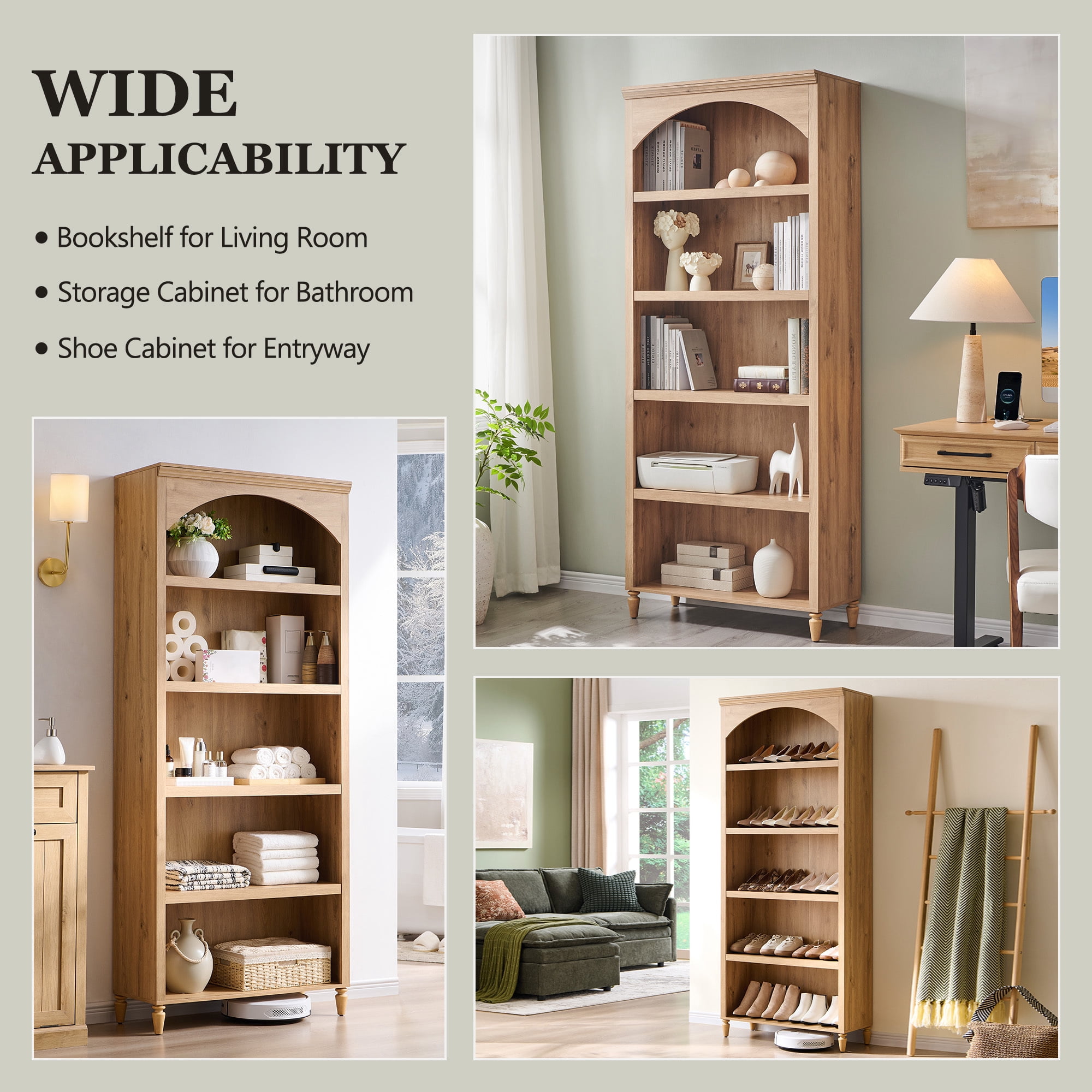 SinCiDo Tall Arched Bookcase, 5-Tier Large Bookshelf with Open Display Shelves for Living Room, Natural
