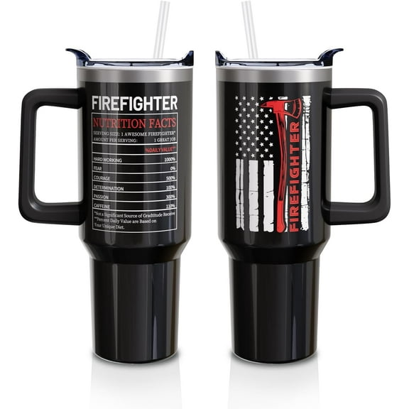 Firefighter Gifts 40oz Tumbler with Handle and Lid Straw, Stainless Steel Double Walled Vacuum Insulated Cup, Fireman Graduation Birthday Gifts for Men Boys, Fire Fighters Accessories 1PC