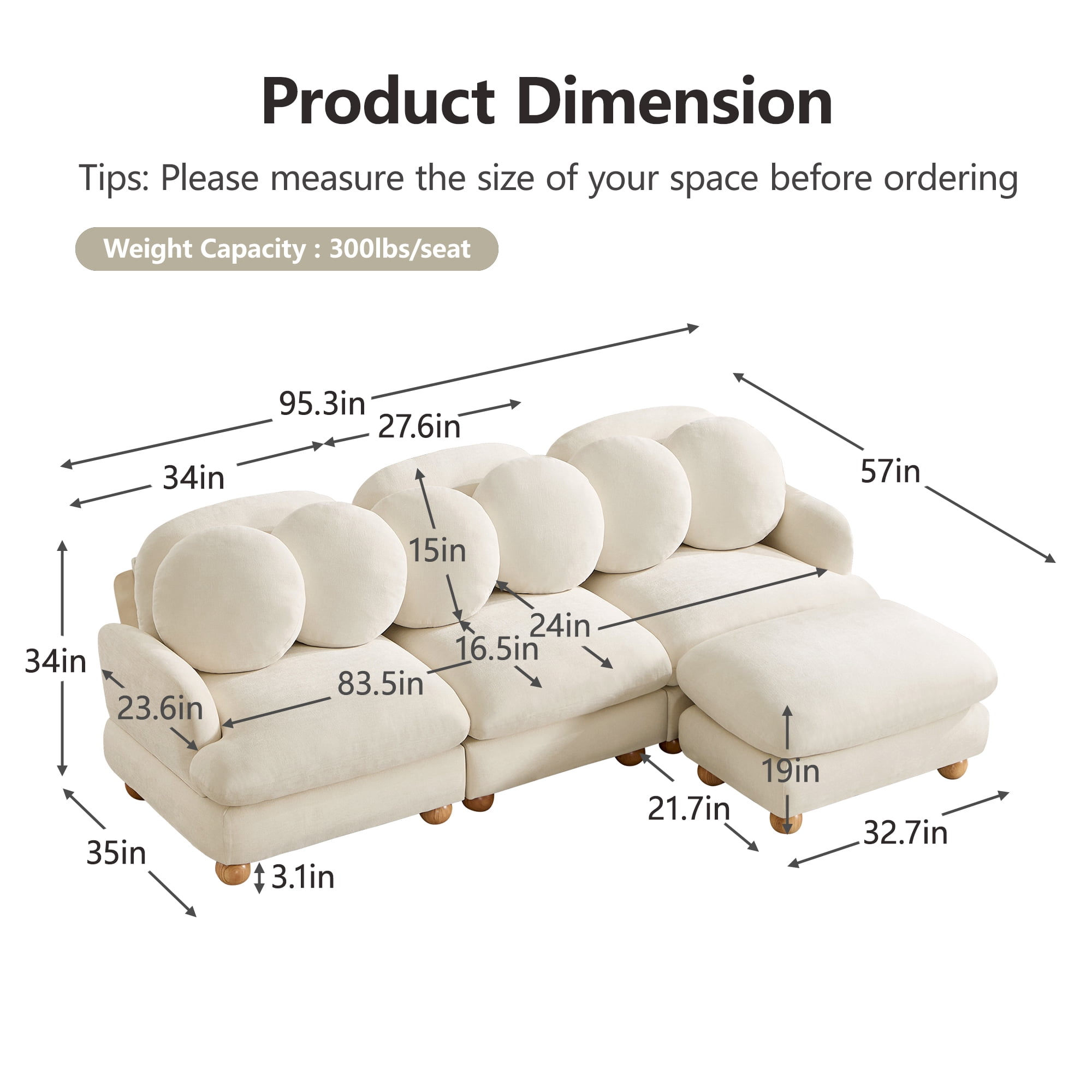 95" L-shaped 4 Seater Comfy Chenille Modular Sectional Sofa Couch with 6 Throw Pillows and Ottoman