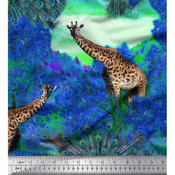Soimoi Crepe Silk Fabric Leaves,Star & Cute Animals Jungle Print Sewing Fabric Yard 42 Inch Wide