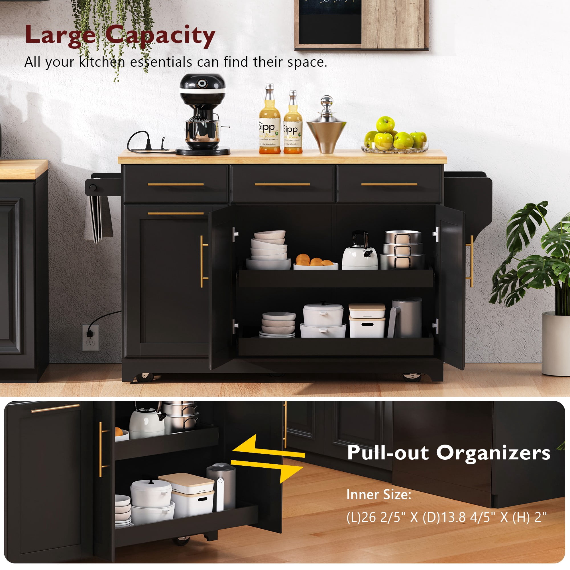 Homy Casa Kitchen Island Cart with Storage Drawers, Foldable Rubberwood Top & Charging Station - Black