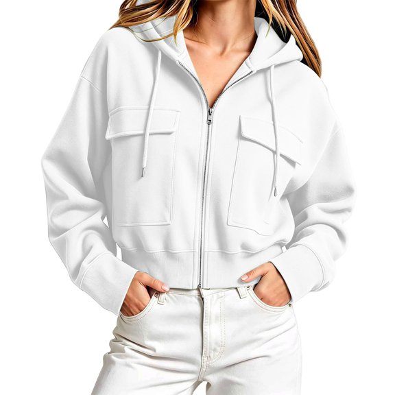 Atogsazn Women's Cargo Hooded Cropped Sweatshirt Casual Full Zip Long Sleeve Hoodies with Pocket Fall Winter Tops White XXL Fashion