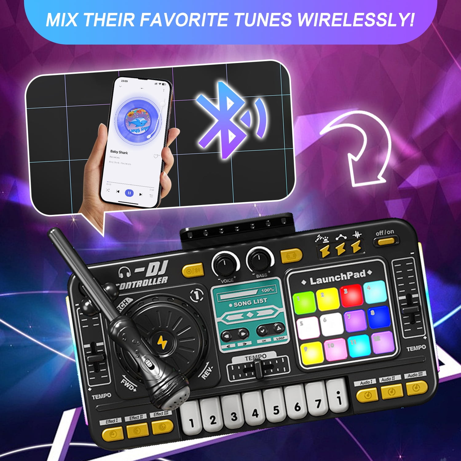 Sunforu DJ Toy Set for Kids, Toddler Musical DJ Party Mixer Toys with Lights Sounds & Bluetooth-enabled, Multi-functional Musical Instrument, Best Gift for Ages 4+