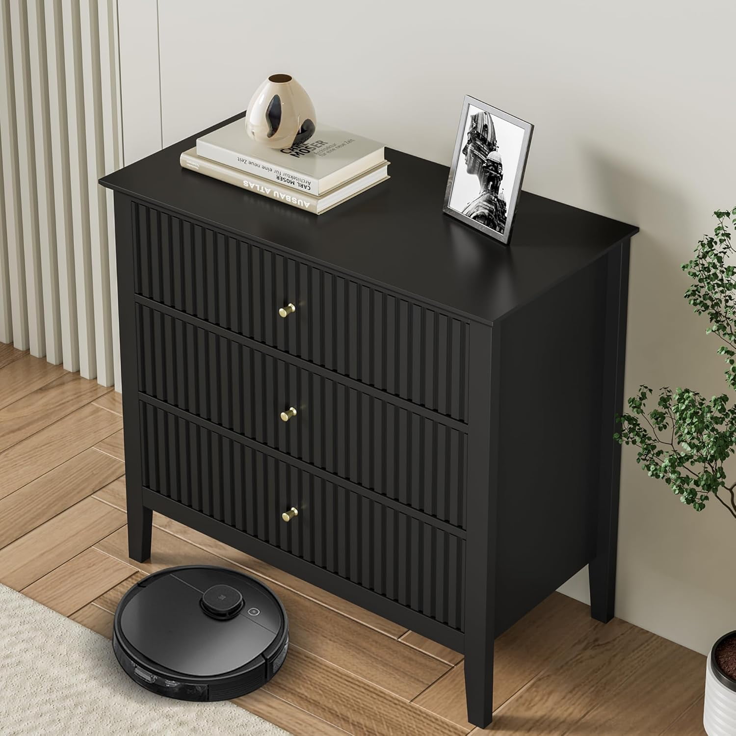 RoyalCraft Black 3 Drawer Dresser Chest with Storage, Modern Nightstand for Bedroom, Living Room, Entryway