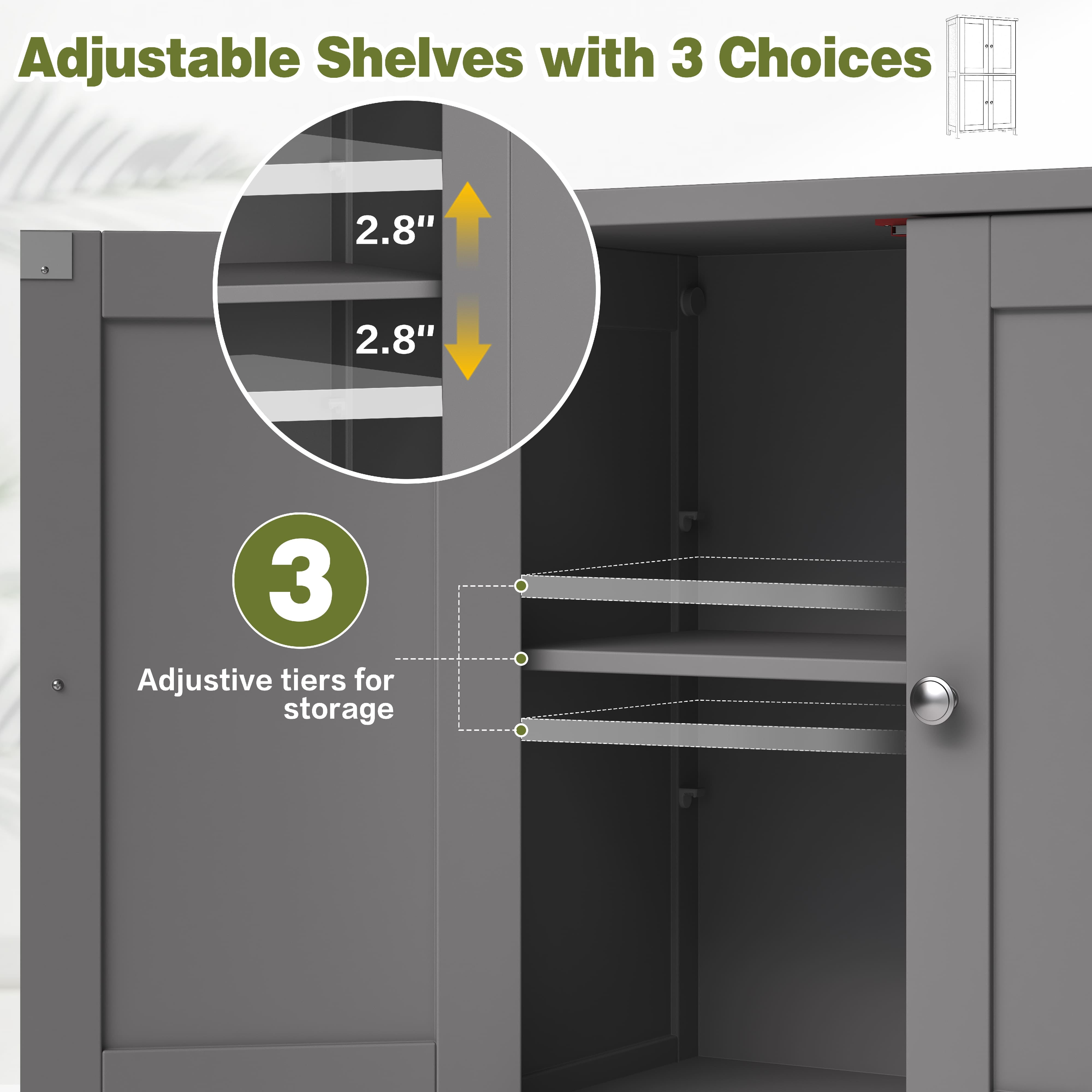 Bathroom Storage Floor Cabinet Organizer with Adjustable Shelf 4 Magnetic Doors 43" Wooden Pantry Cabinet Freestanding for Kitchen Living Room Small Spaces,Gray