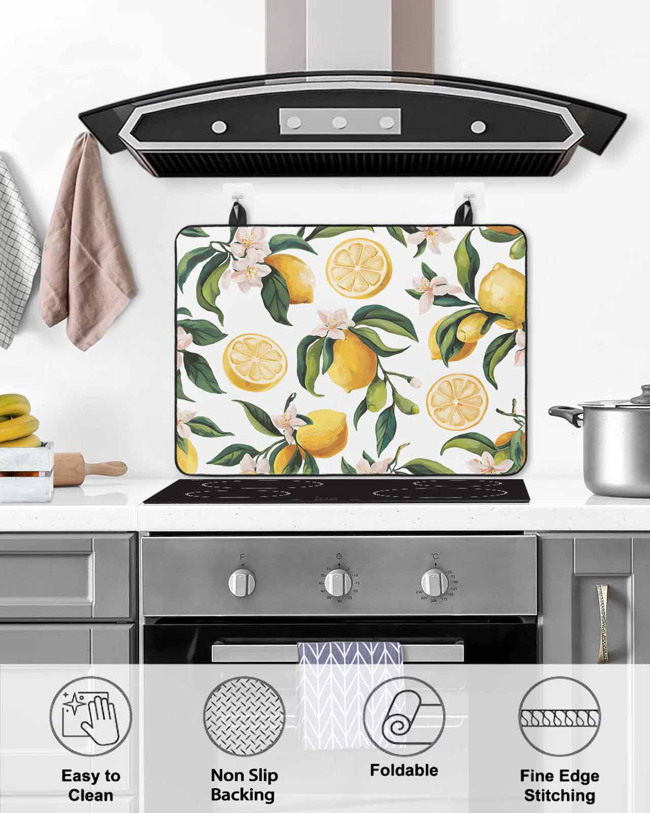 nqOlkjepod Large Induction Cooktop Protector Mat 24"x21", Lemon Stove Top Covers for Electric Stove, Yellow Fruit Watercolor Modern Flower Leaf Stove Burner Cover Mats, Glass Top Stove Cover