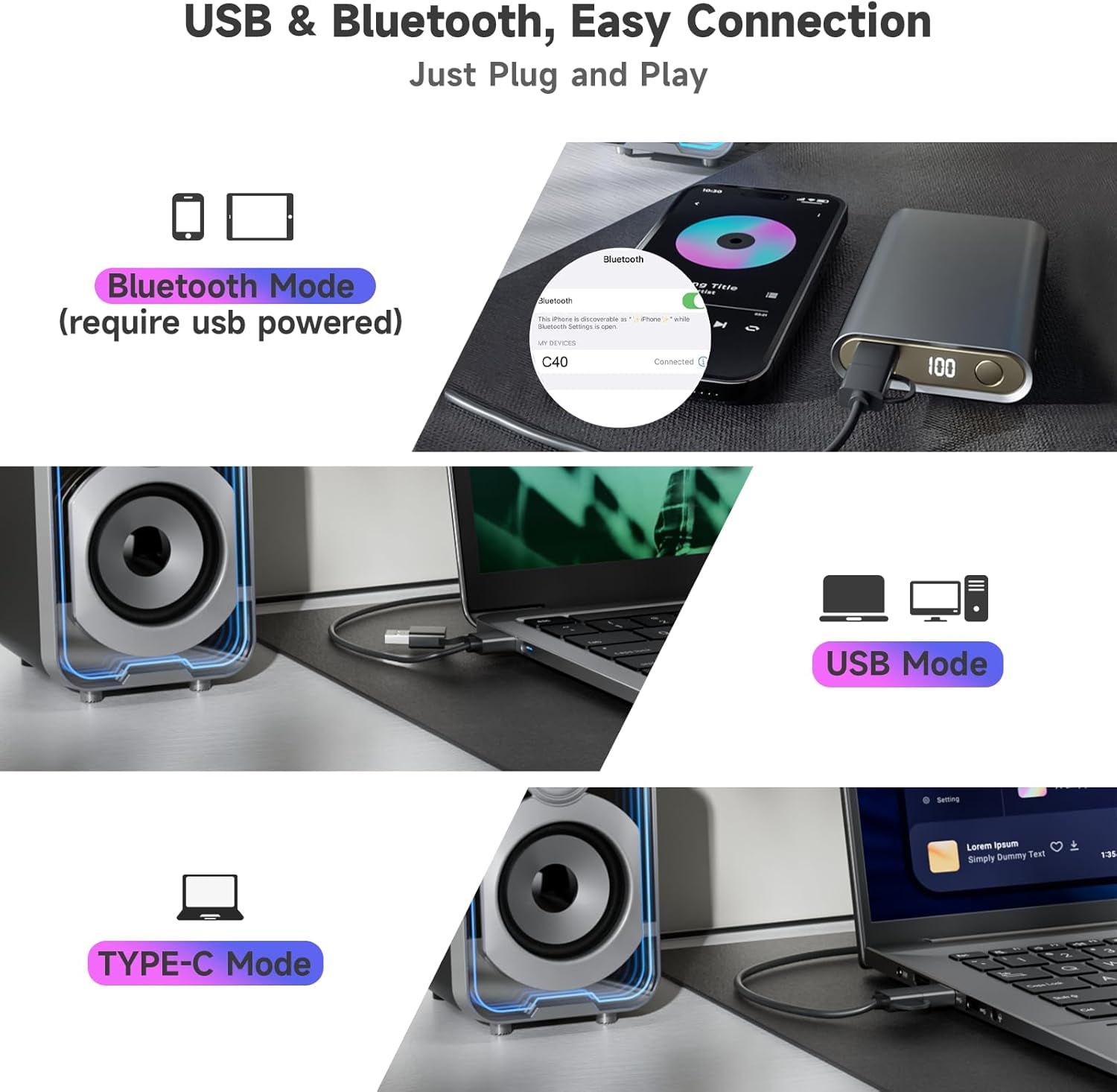2.0 Computer Speakers, 10W USB-Powered Bluetooth Wired PC Speaker with Easy-Control Pod for Desktop, Tiny Desk Soundbar with 5 Mirror-Like LED Light Modes for Monitor Laptop Gaming Music Black