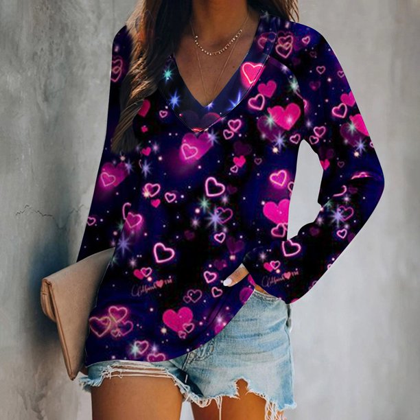 ICHUANYI Liquidación Mujer Moda Casual Suelta Estampado del Día de San Valentín Blusa de Manga Completa con Cuello en V Jersey ICHUANYI WER202308231215