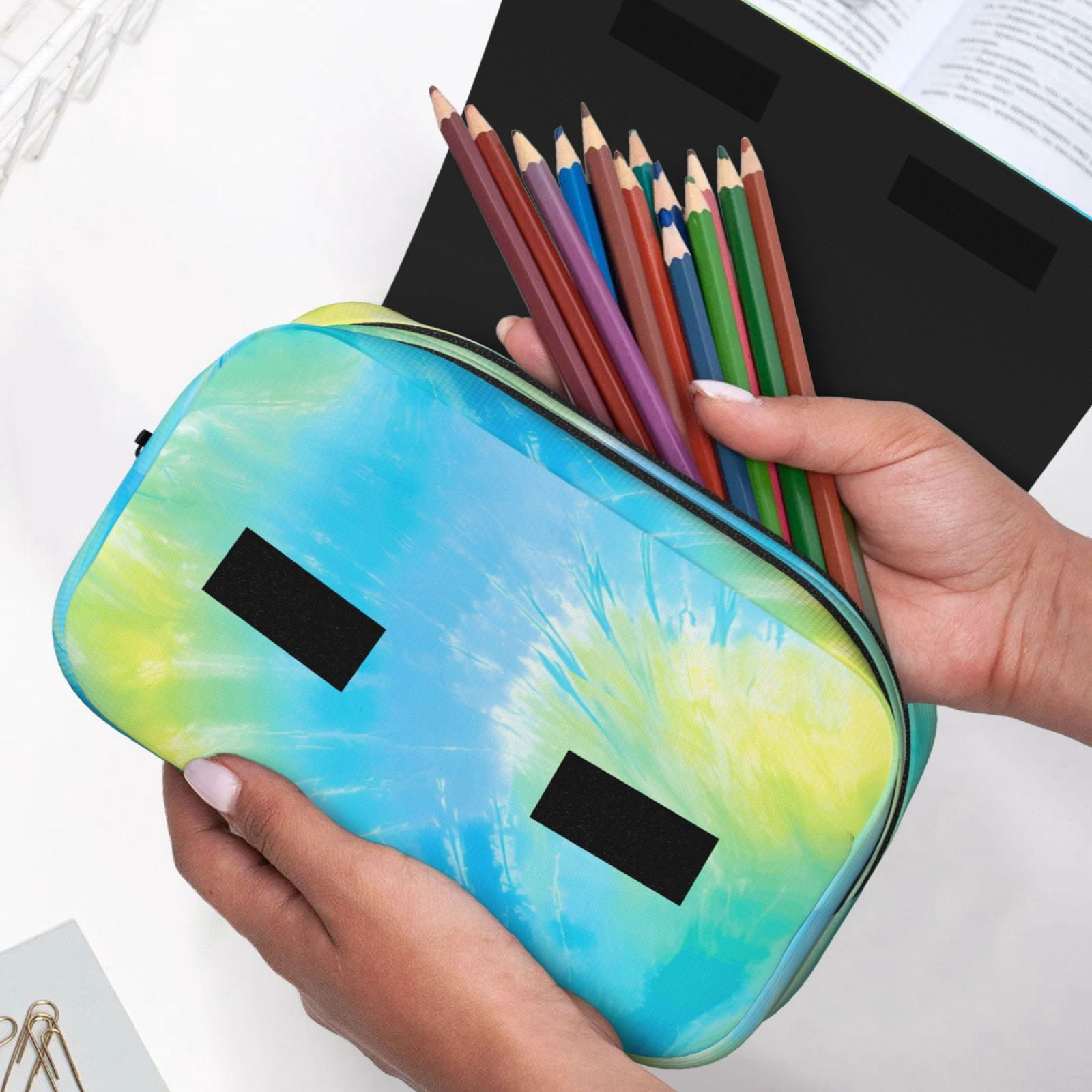 Large-Capacity Flip-Top Double-Layer Pencil Case, Multi-Functional Pocket Pen Case, Durable Stationery Organizer Lightseagreen Tie-Dye Background Vibrant Colors And Swirling (2)