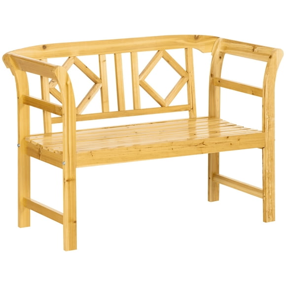 Outsunny Wooden Bench w/ Stylish Pattern Backrest, Loveseat Chair, Natural