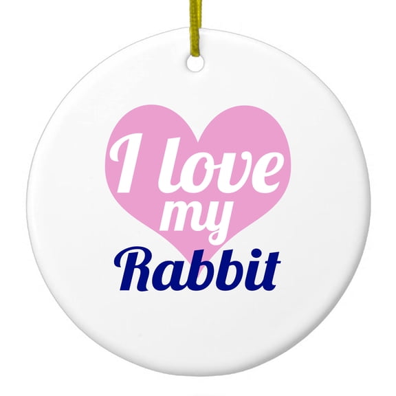 DistinctInk Hanging Ceramic Christmas Ornament - I Love My Rabbit - Gold String, 2-3/4 inch Diameter
