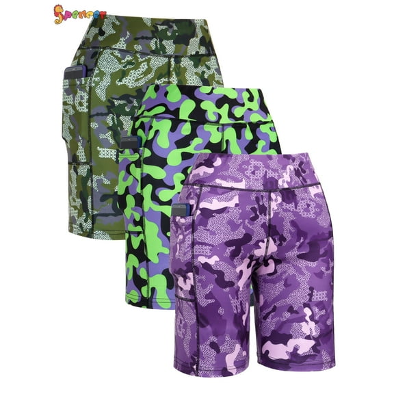 Spencer Women's High Waist Yoga Pants Tummy Control Workout Running Biker Shorts with Side Pockets (XL, Camouflage)