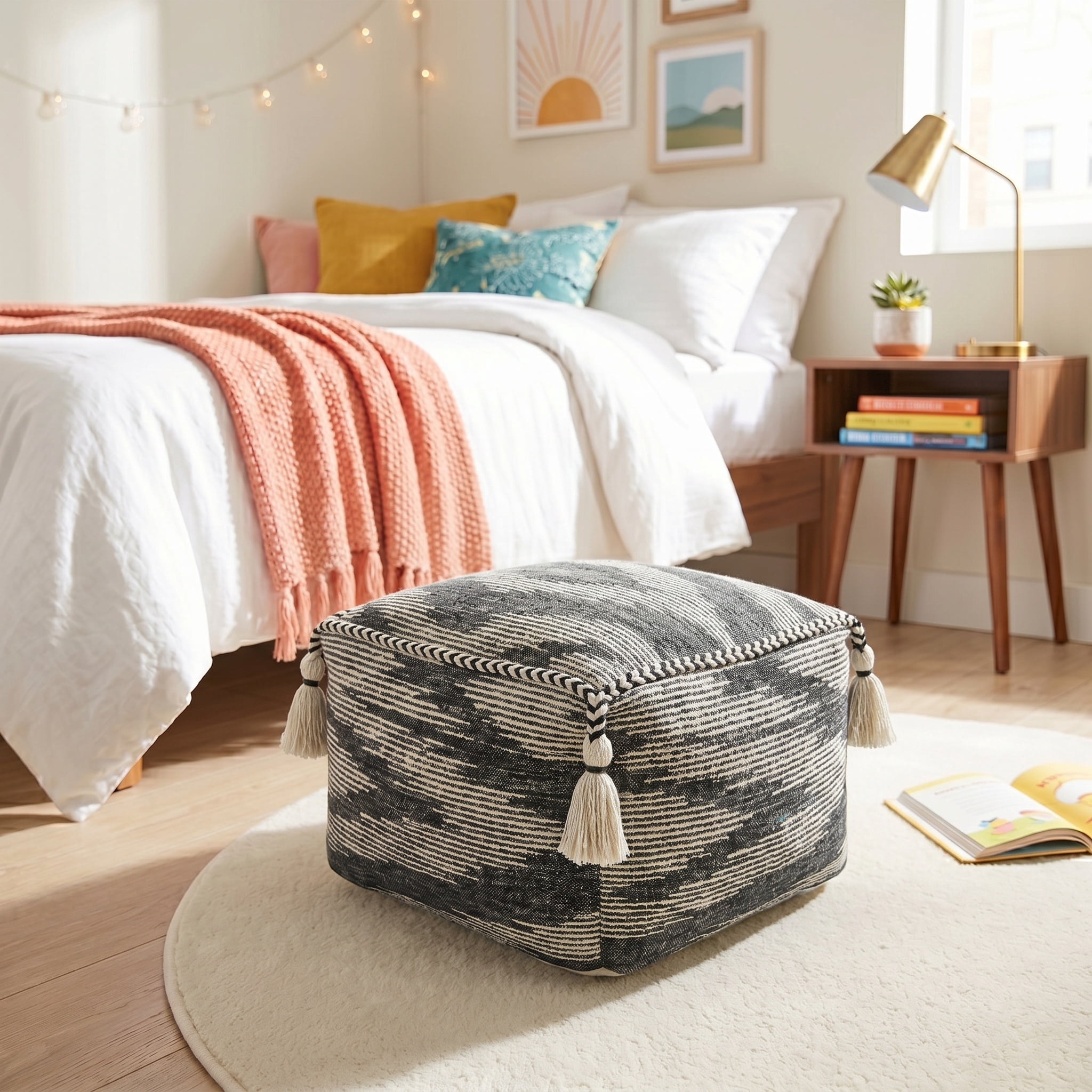 LR Home Small Tassels Chevron Indoor Square Pouf, Gray/Ivory, 18" x 18" x 14"