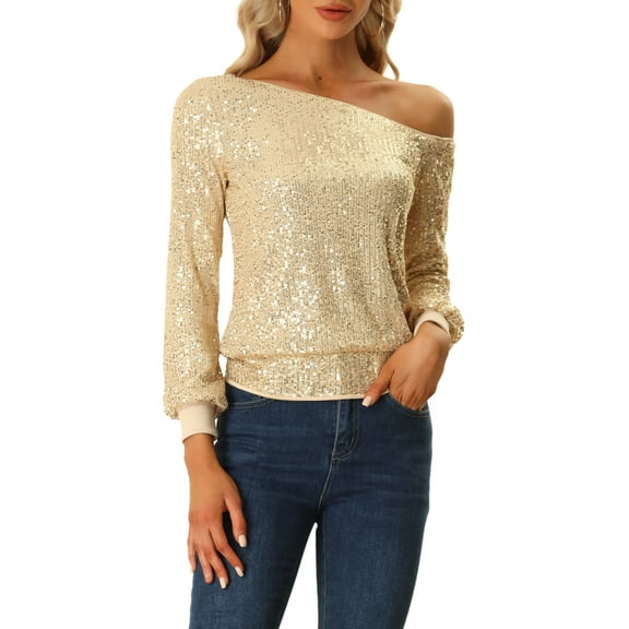 INSPIRE CHIC Off Shoulder Sequins Tops for Women's Long Sleeves Disco Party Sparkle Glitter Top XS Gold
