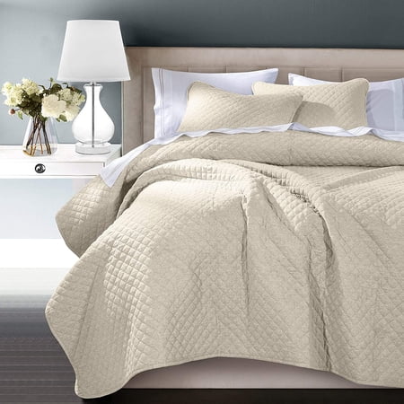 HiEnd Accents Anna Diamond Quilted Light Tan Coverlet Sham Bedding Set, King King Light Tan