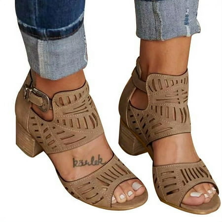 

Women s Peep Open Toe Perforated Slingback Chunky Heel Sandals Booties Shoes