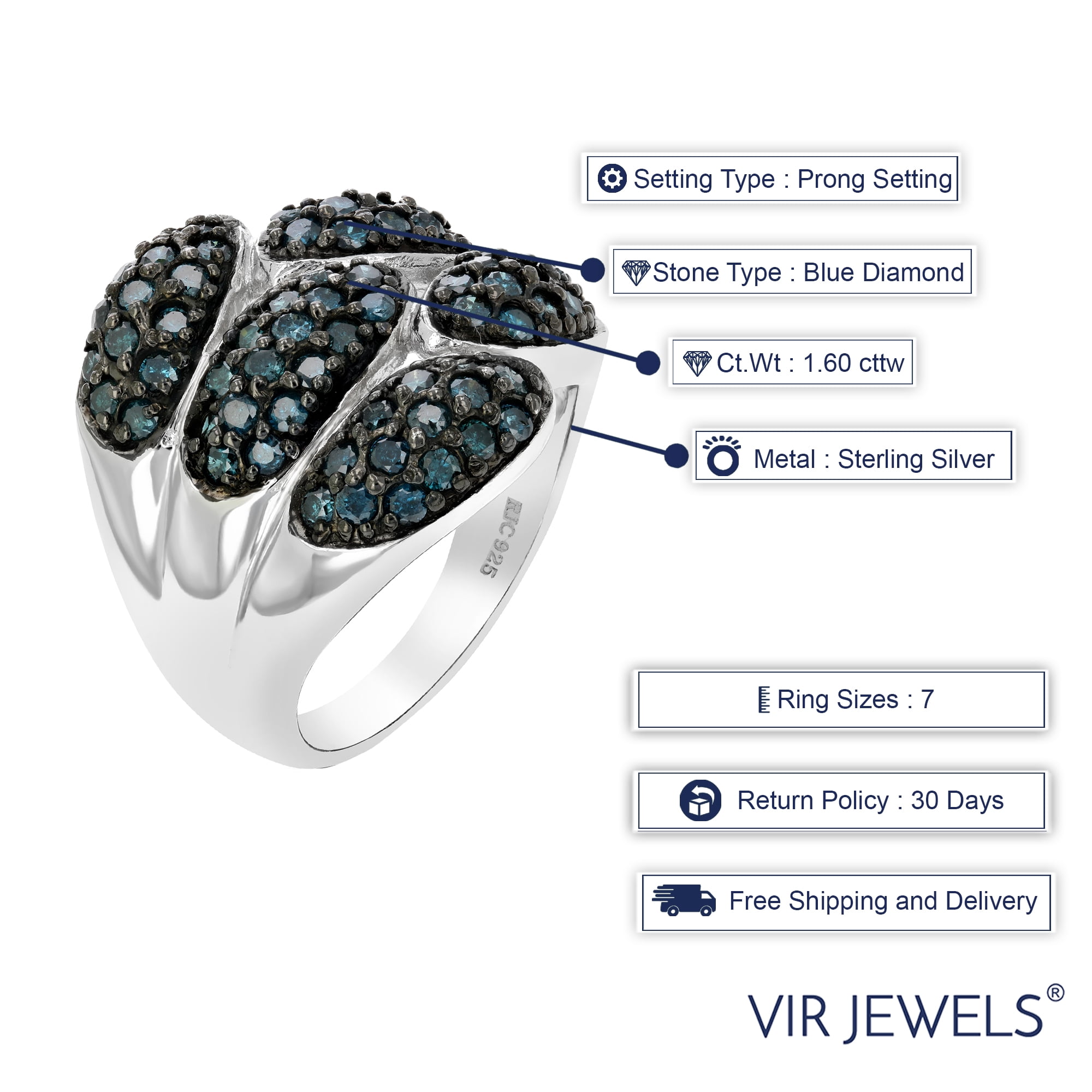 Vir Jewels 1.60 CTTW Blue Diamond Ring .925 Sterling Silver with Rhodium Plating Size 7 Female Adult