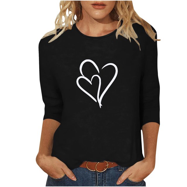 Plebaso Hauts Cœur pour Femmes Manches 3/4 Col Rond T-Shirts Décontractés Imprimé Pull Femmes 2025 Tee Blouses