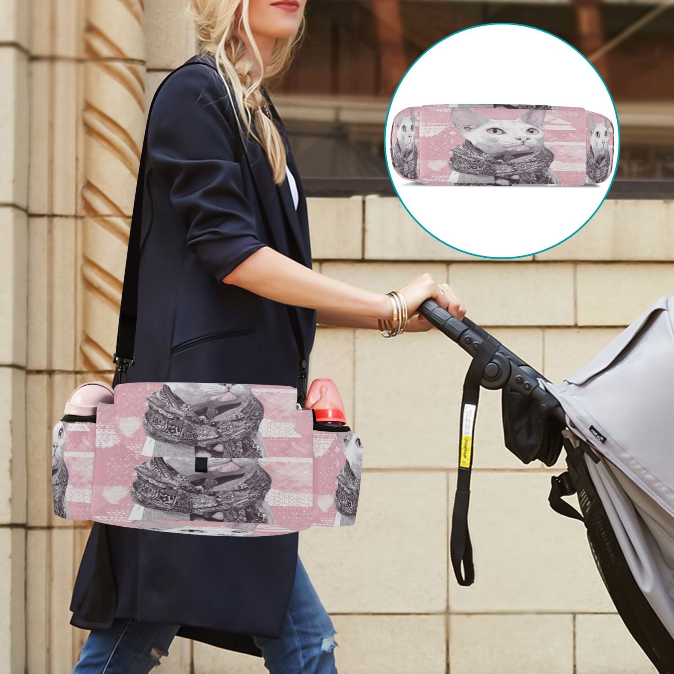 DIXRUYEE Stroller Organizer Scarfed White Cat Printed