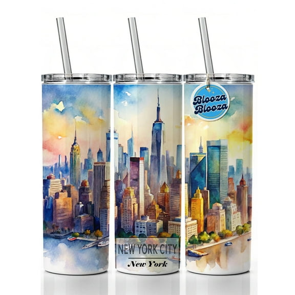 New York City NYC Travel Watercolor 20oz Insulated Water Bottle Skinny Tumbler Includes Straw
