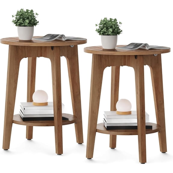 This round side table with a lower shelf is ideal for small spaces and can be used as a bedside table.