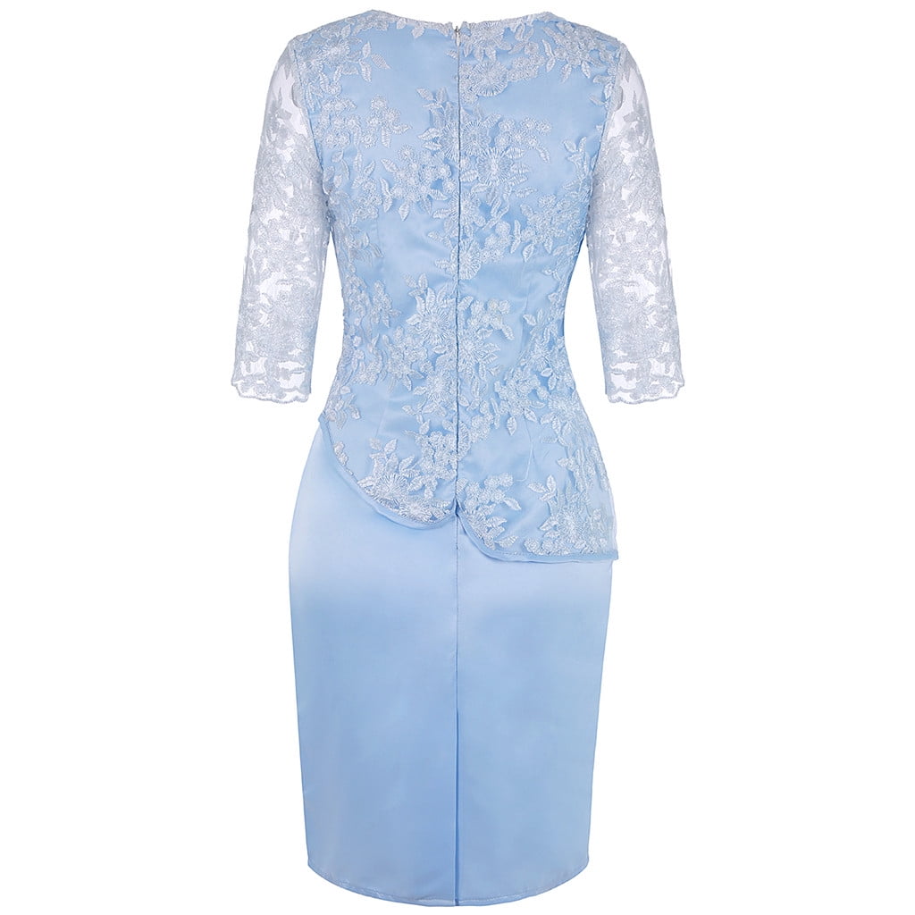 JGGSPWM Women's Lace Overlay Midi Dress 3/4 Sleeves Floral Embroidery Cocktail Evening Dresses Sky Blue 3XL