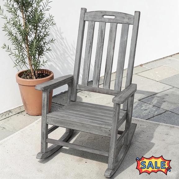 Tcbosik Outdoor Oversized Rocking Chair, Wood Porch Rocker with High Back for Adults, Lounge Chair for Garden, Lawn, Balcony, Backyard, Light Gray