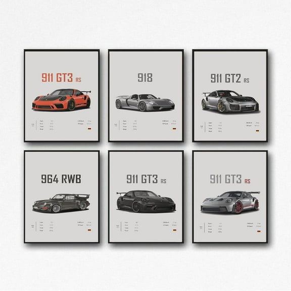 Car Poster 911 GT3RS Posters Racing Car Wall Art Vintage Car Posters For Men Car Art Prints 911 Coated Paper Cardstock Prints(Unframe,Set Of 6,8x12inch)