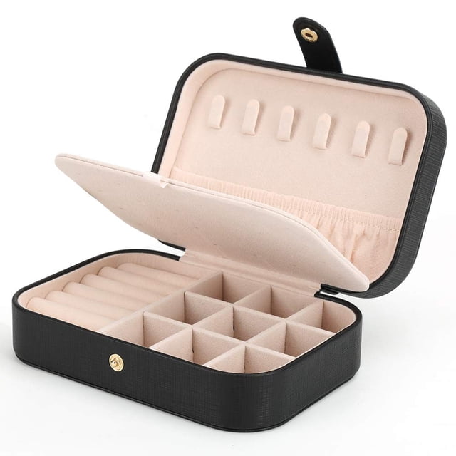 FEISCON Joyero pequeño Collar Anillo Organizador de almacenamiento Mini joyero Organizador de joyas de viaje de doble capa para mujeres Niñas Regalo/Negro
