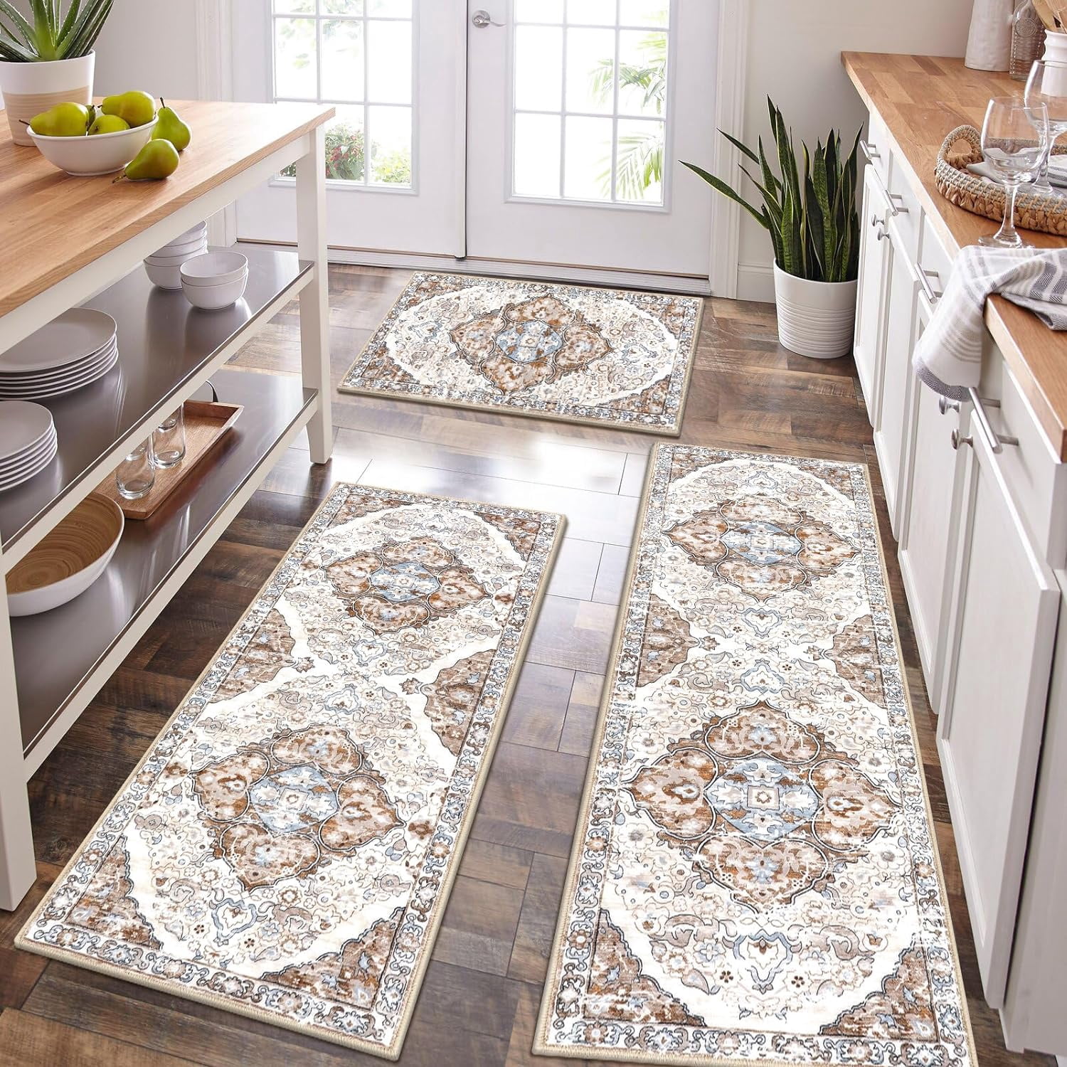 Farmhouse Kitchen Rugs Sets of 3 Non Slip Washable Kitchen Rugs and Mats Boho Kitchen Mats for Floor Kitchen Runner Rug Kitchen Carpet Rug Runner for Hallways Kitchen Laundry